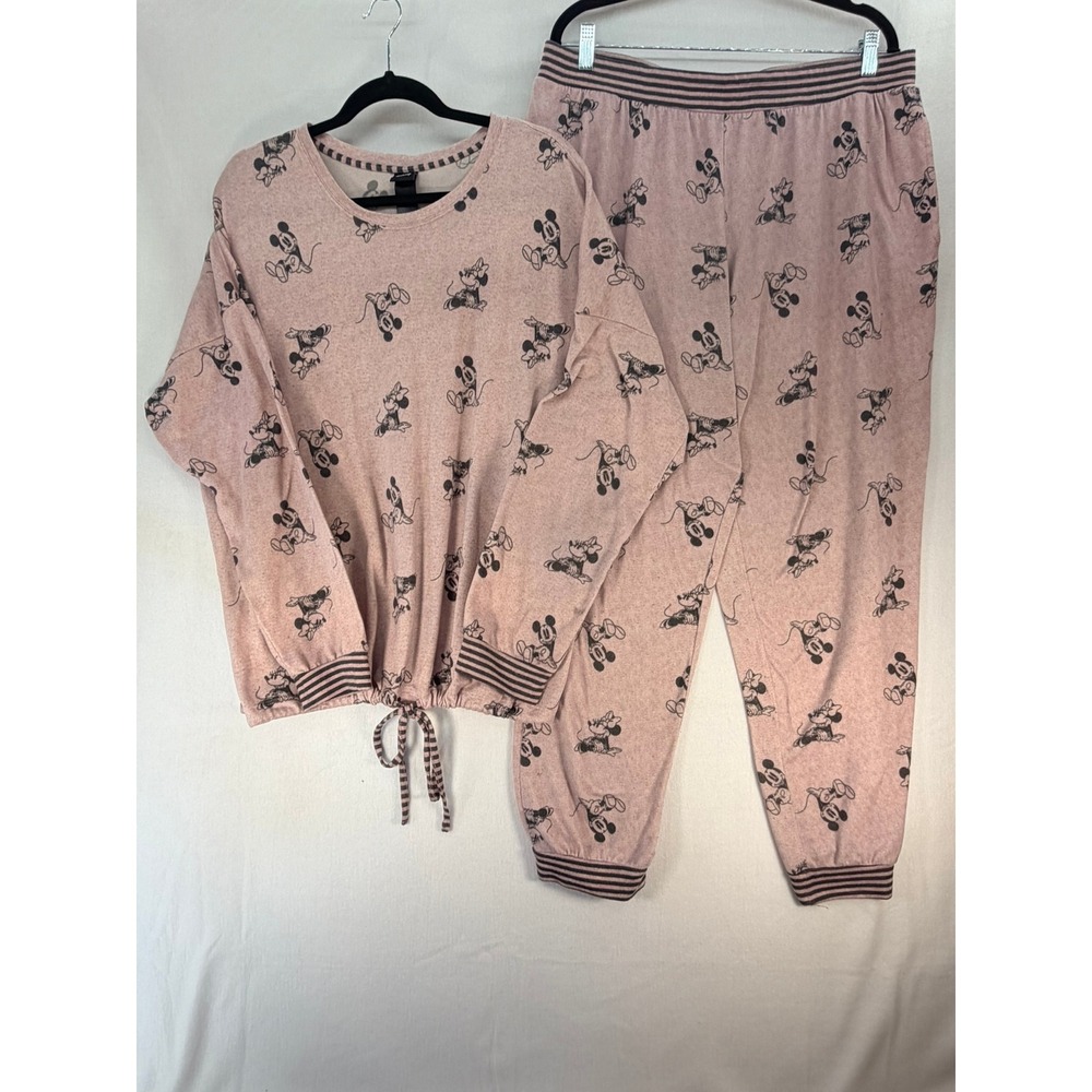 Disney Mickey Minnie Mouse Pajama Set Pink Lounge Joggers Top Womens L XL